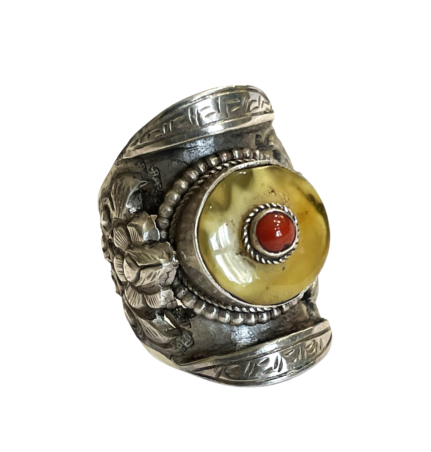 Tibetansk sadel ring med rav og koral